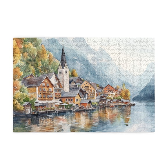 1000 PCS Riverside Town 1000 Piece Puzzle For Adults,Brain Challenge,Stunningly Vibrant Colors,Vintage Art Scenery Wooden Jigsaw Puzzles Game,Great For Relaxation And Display For Scenery Enthusiast