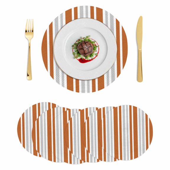 Burnt Orange Grey Stripe Round 13 Inch Placemats Set of 6, Farmhouse Minimalist Striped HeatResistant Non Slip Place Mats for Dining Table, Wipeable Braided Kitchen Table Mats for Housewarming