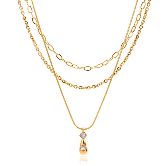 Sunyuer Stainless Steel Zirconia Teardrop Pendant Multi-Layer Necklace - Gold-Tone Chain with Sparkling Stone Accents, Elegant Statement Jewelry for Women