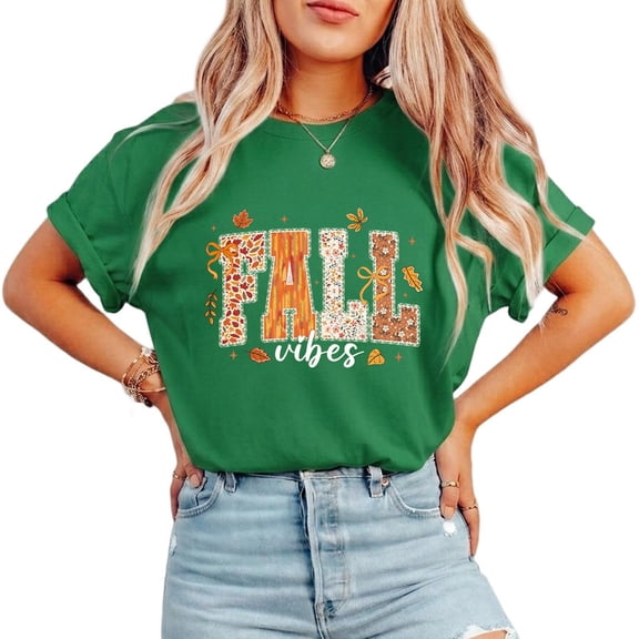 Womens Coquette Fall Vibes Casual Tops Lace Pumpkin & Ditsy Floral Print T-shirts Short Sleeve Cotton Thanksgiving Shirts for Daily Outfits