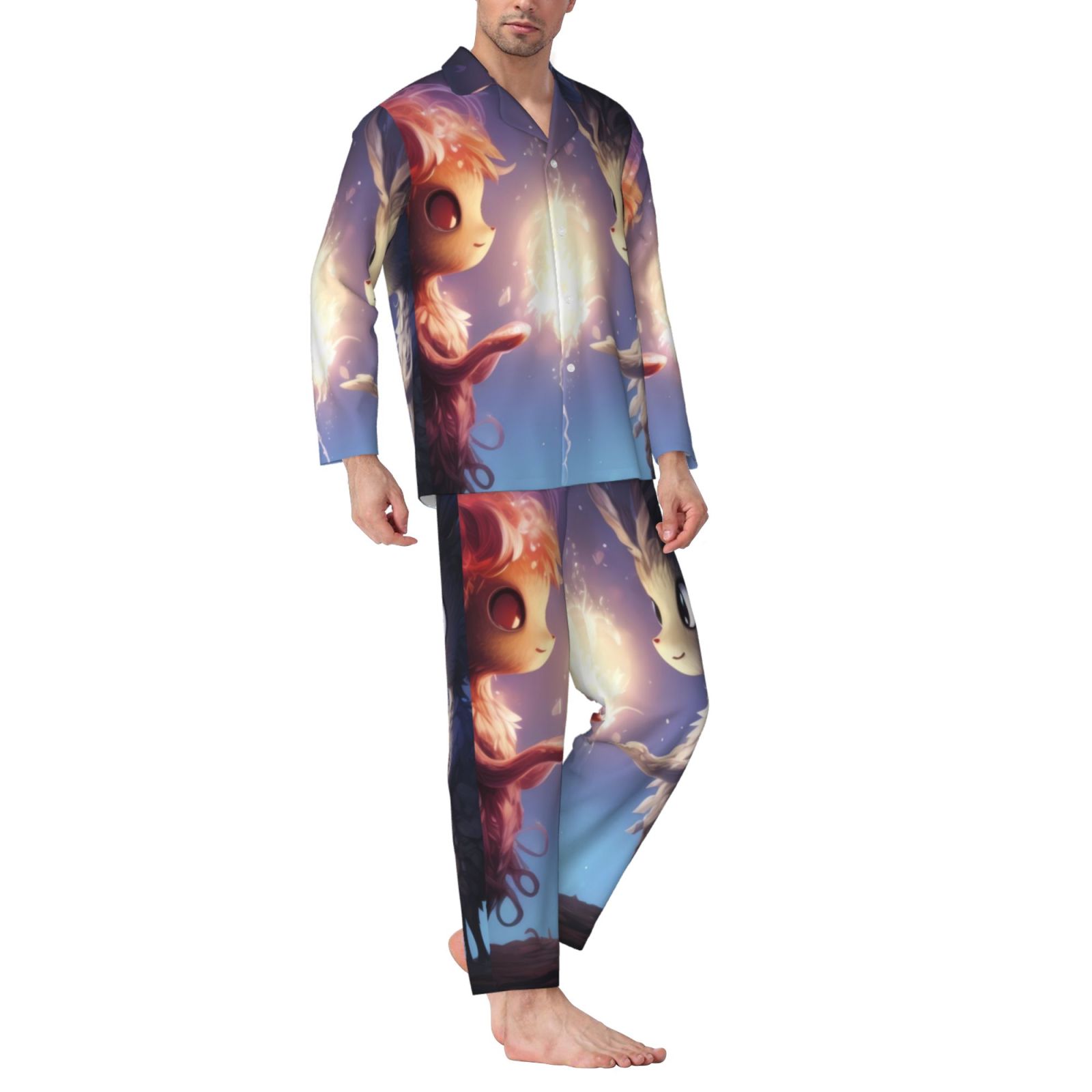 Fuzoiu Dreamy Forest Elf Print Men's Long-Sleeved Pajama,Lounge Button Down Nightwear,Mens Notch Collar Pajama Set -Large