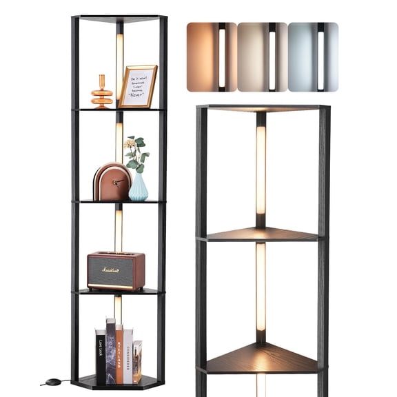 LYYHTY 64" Corner Display Shelf with Light, 4-Tier Wooden Storage Shelves, 3CCT Stepless Dimmable Floor Lamp, Modern Corner Shelf for Living Room Bedroom Office (Black Grain)​