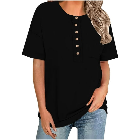 Womens Henley Shirt, Short Sleeve Shirts for Women Summer Casual Loose Fit Solid Color Button Up T-Shirts Tops