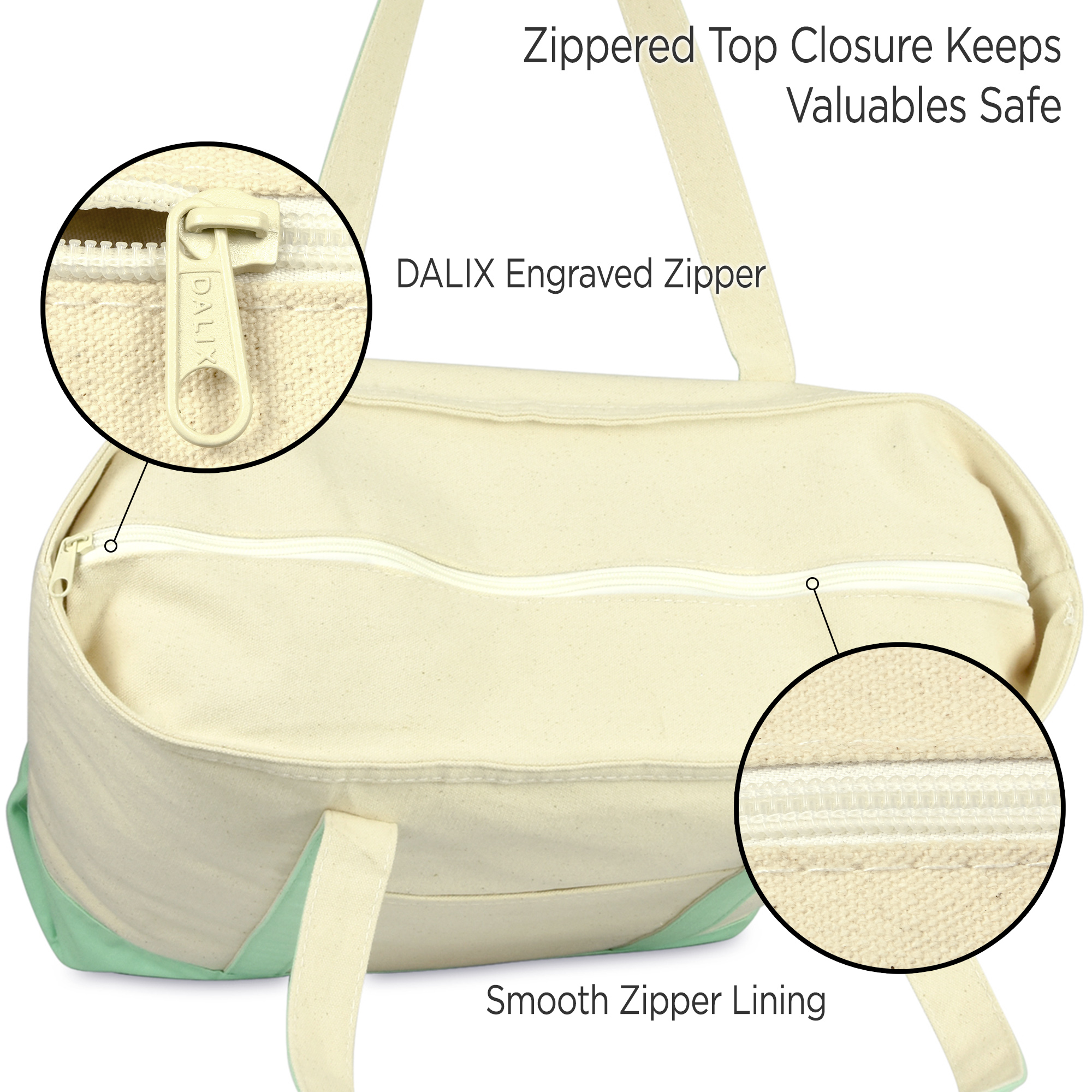 DALIX 22" Extra Large Cotton Canvas Zippered Shopping Tote Grocery Bag in Mint Green - image 4 of 6