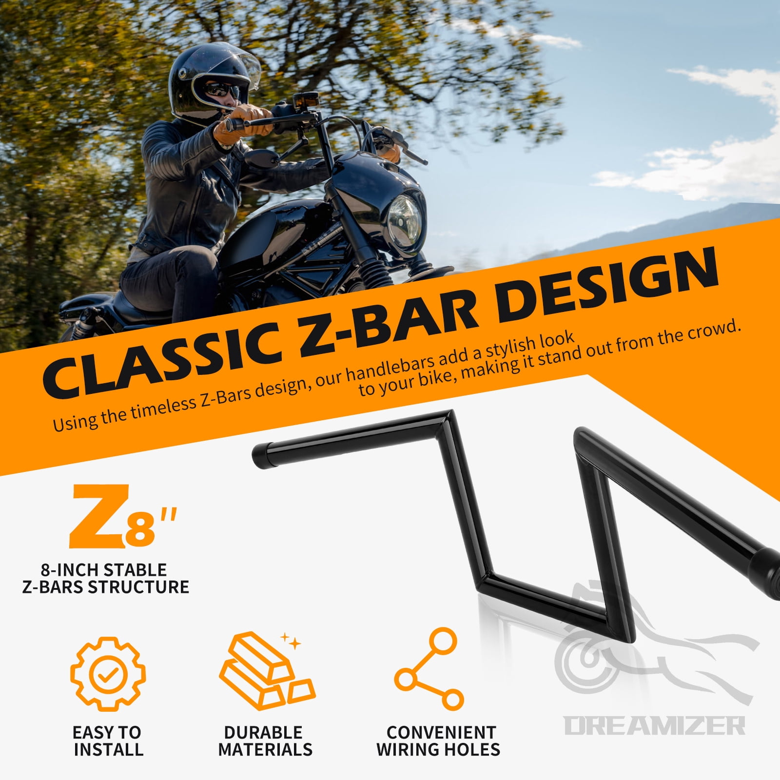 1" 25mm Z Bar - 8" Rise Handlebar w/Pre-Drilled Holes Universal For Harley Honda Yamaha Suzuki Kawasaki Most Motorcycle Chopper Cruisers Bobber Bike Cafe Racer Any Custom Applications