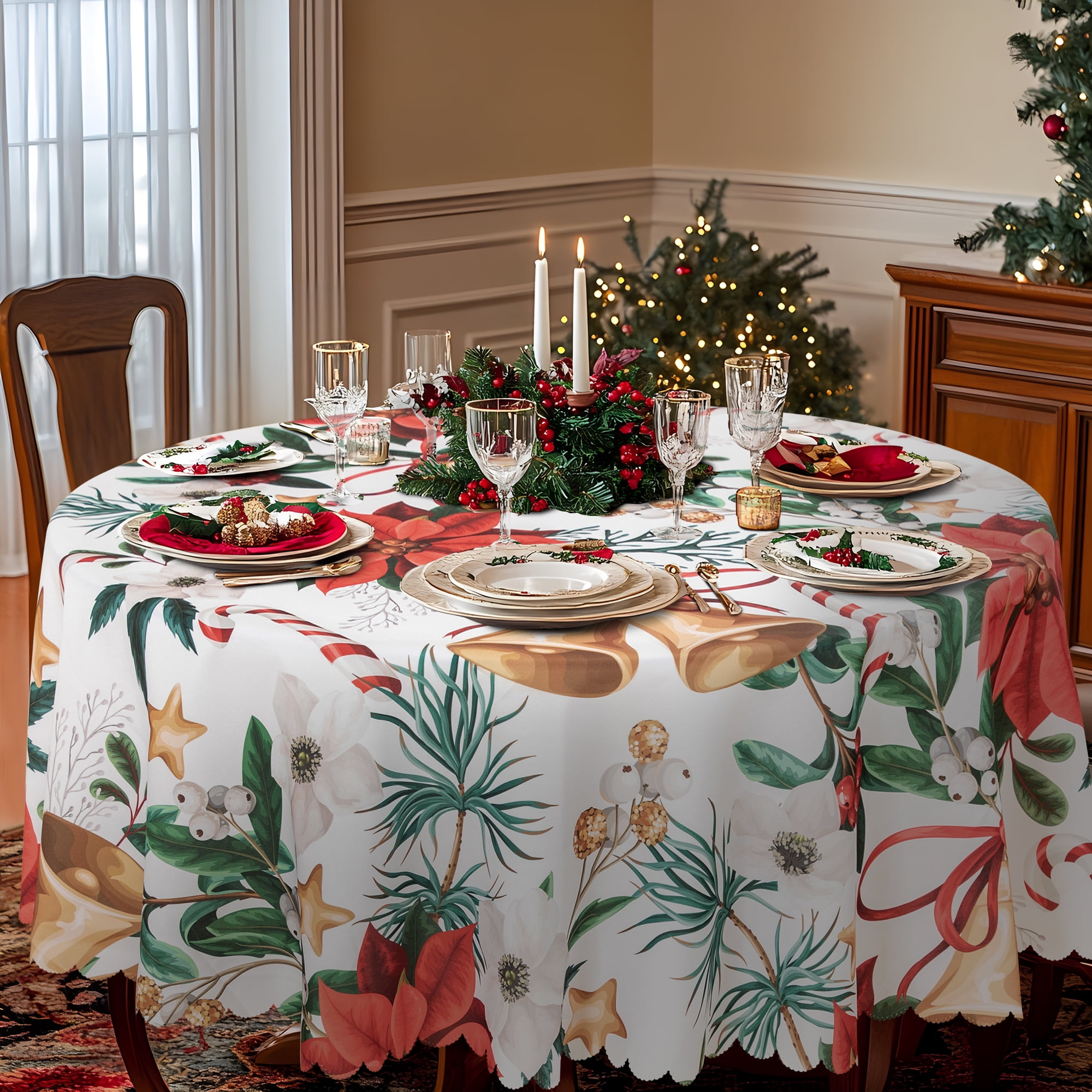 RAY STAR Polyester Christmas Tablecloth 60 inch Round Machine Washable Table Cloths, Thick Can not See Through Heavy Duty Tablecloth