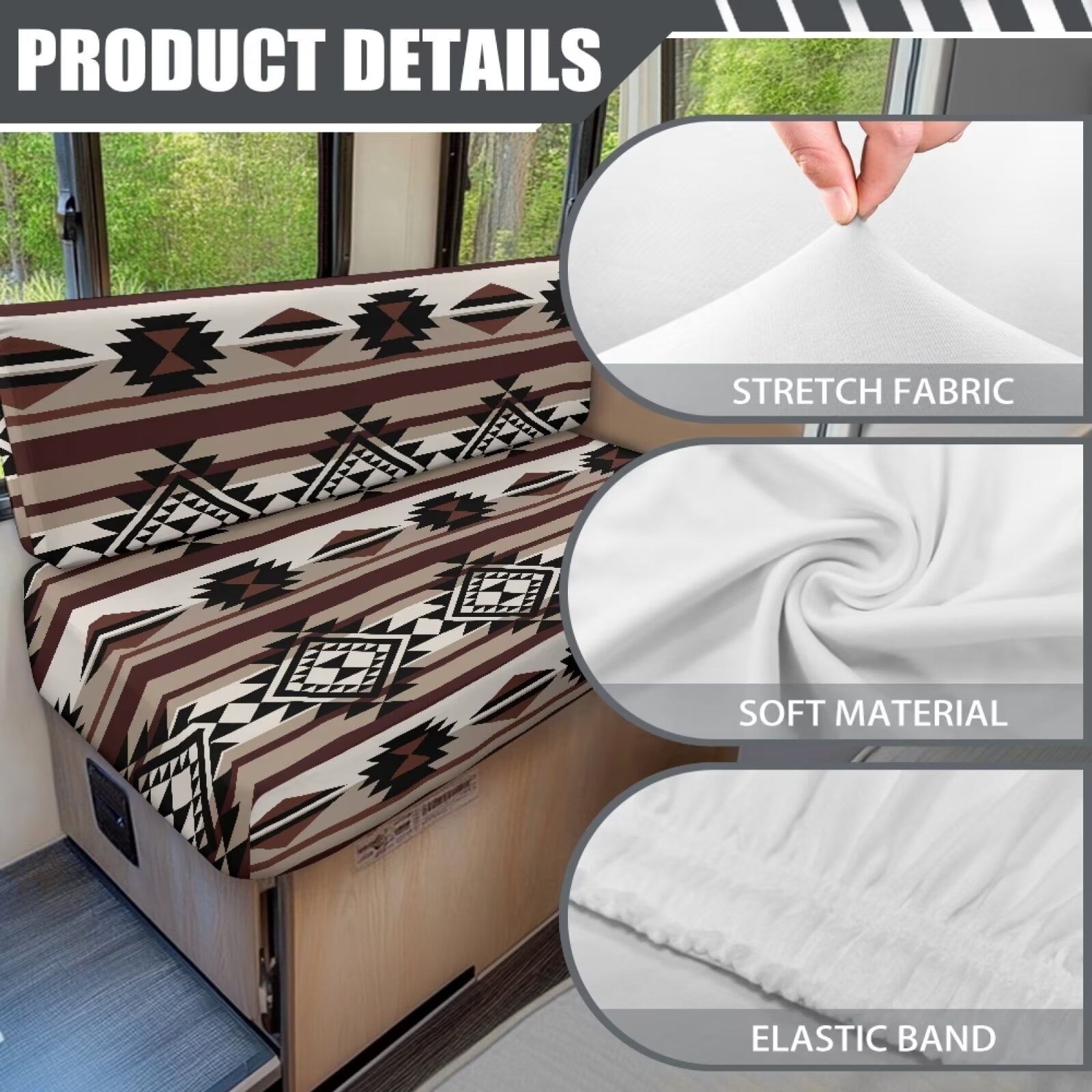 Uorisanigo RV Dinette Cushions Stretchable Camper Seat Cushion Slipcovers Aztec Geometric Print RV Beach Seat Cover for Dinette with 1 Backrest & 1 Bench Covers for RVs Camper Car Bench