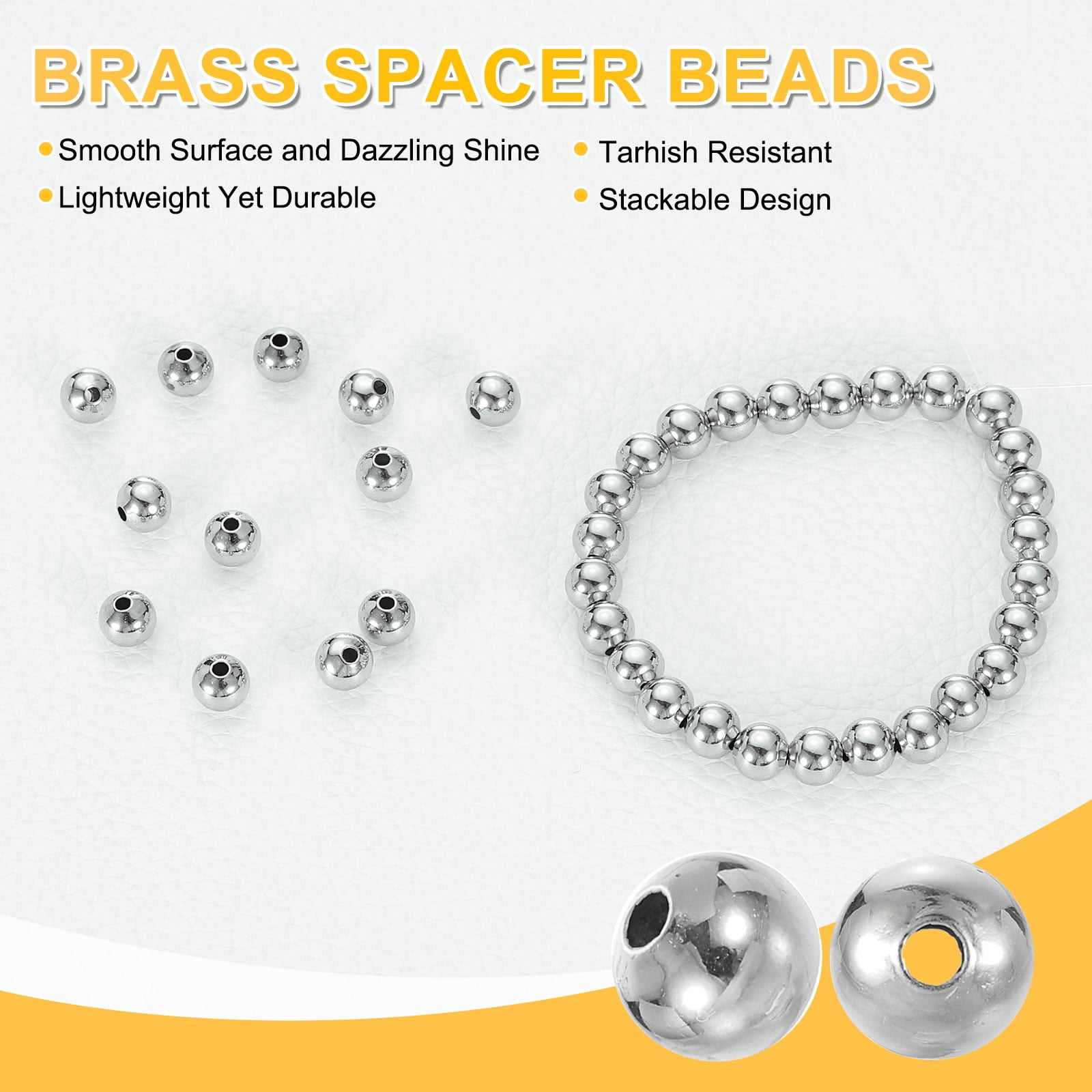 Uxcell 200pcs Spacer Beads, 6mm Round Filled Spacer Beads, Seamless Smooth Brass Loose Beads for Bracelets Necklaces Earrings Crafts Bulk Supplies, Silver Tone