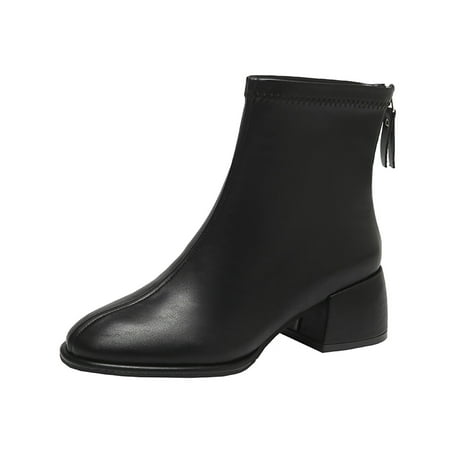 

Ladies Fashion Solid Color Leather British Style Back Zipper Thick Heel Short Boots