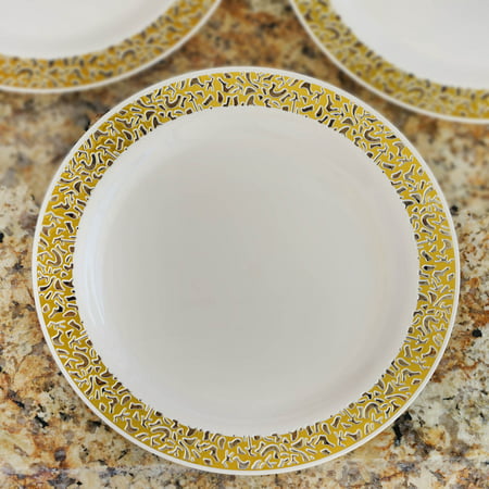 Efavormart 50 Pcs - Gold Trimmed  Round Disposable Plastic Plate Dinner Plates for Wedding Party Banquet - Picturesque
