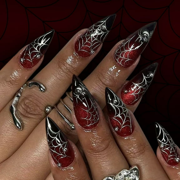 24Pcs Halloween Almond Shaped Glues on Nails with Spiders Design on Nails Full Cover Artificial Nails