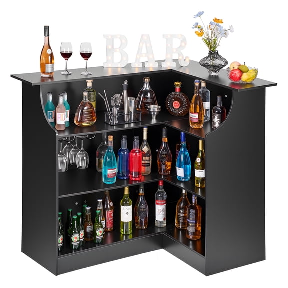 VEVOR Home Bar Unit, L-Shaped Wine Bar Cabinet Table 4-Tier with Storage Shelves, Wine Glass Holder, 300 lbs Max Capacity, Wood Liquor Cabinet for Home, Kitchen, Living Room, Pub, Basement, Black