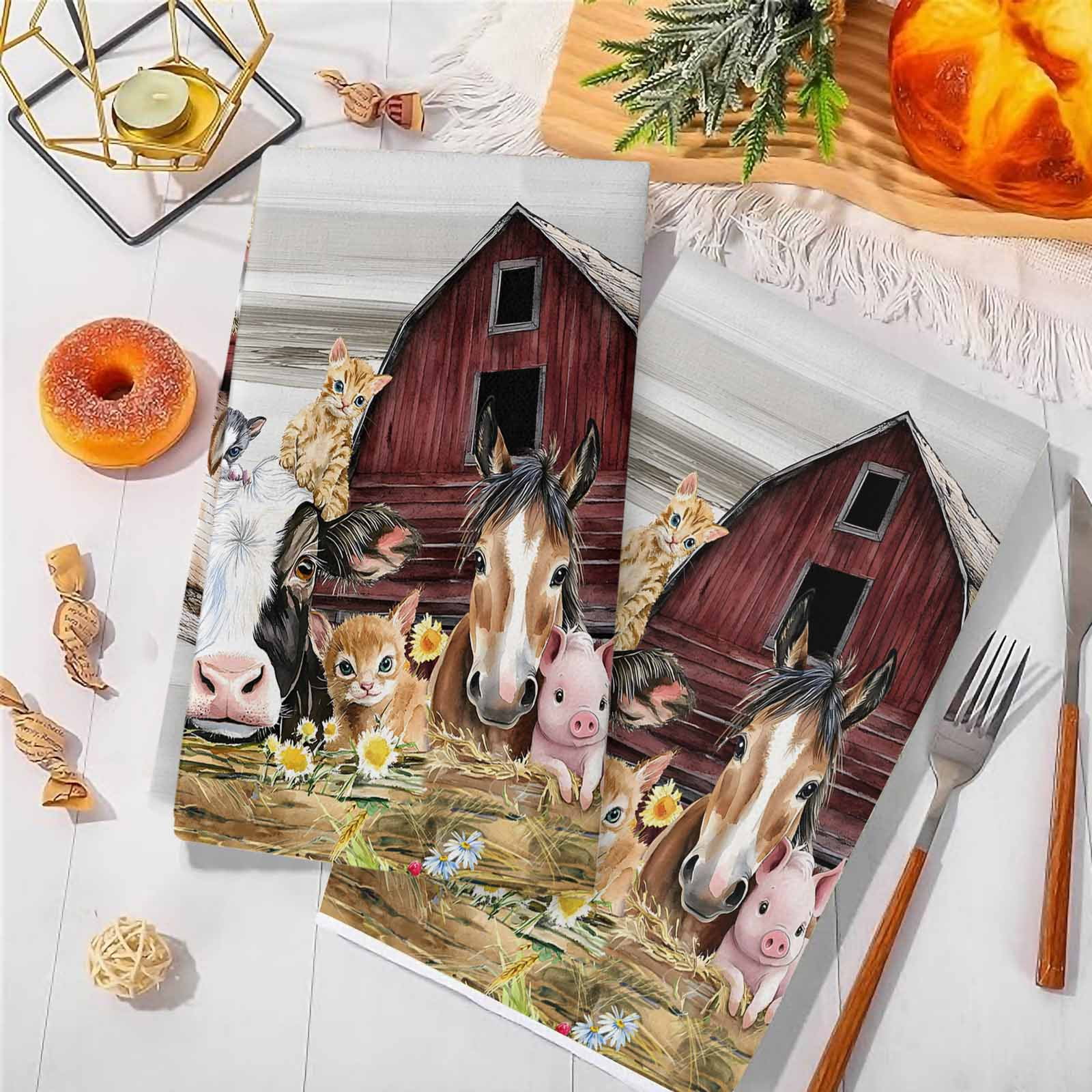 Dish Towels, Farm Animal Absorbent Kitchen Towels 2 PCS, Barn Horse Pig Cow Microfiber Hand Towels Dish Cloths Tea Towels for Home&nbsp;Bathroom Cleaning Drying,18X28-Inch,