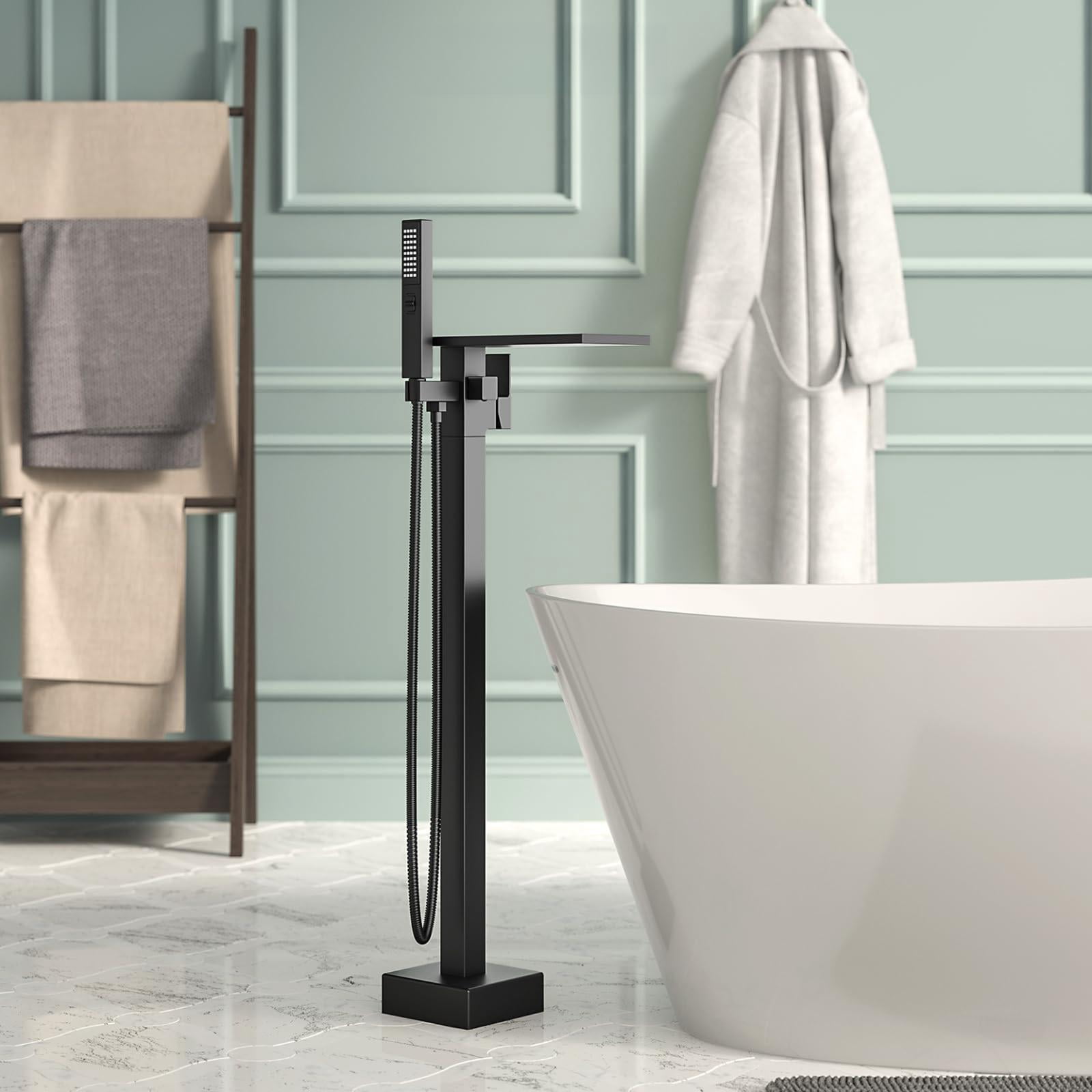 Freestanding Bathtub Faucet Matte Black Floor Mount Tub Filler With Handheld Sprayer