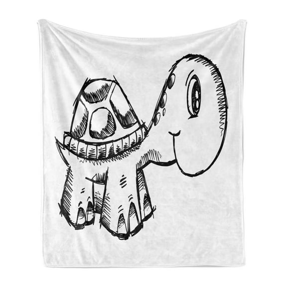 Sketch Art Soft Flannel Fleece Throw Blanket, Nursery Themed Doodle of a Smiling Tortoise in Hand Drawn Style, Cozy Plush for Indoor and Outdoor Use, 50" x 60", Charcoal Grey and White, by Ambesonne