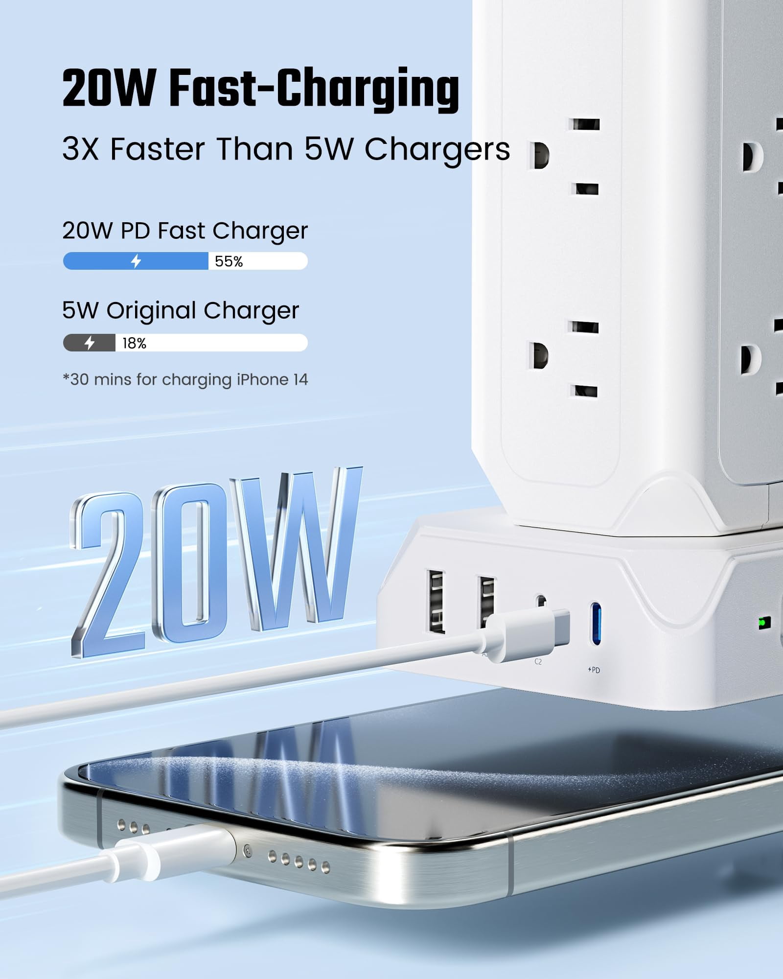 Koosom 35W Power Strip Tower,10FT Long Extension Cord,16-Outlet USB C Surge Protector, 12 AC Outlet,2 USB C and 2 USB A Ports Charging Staion