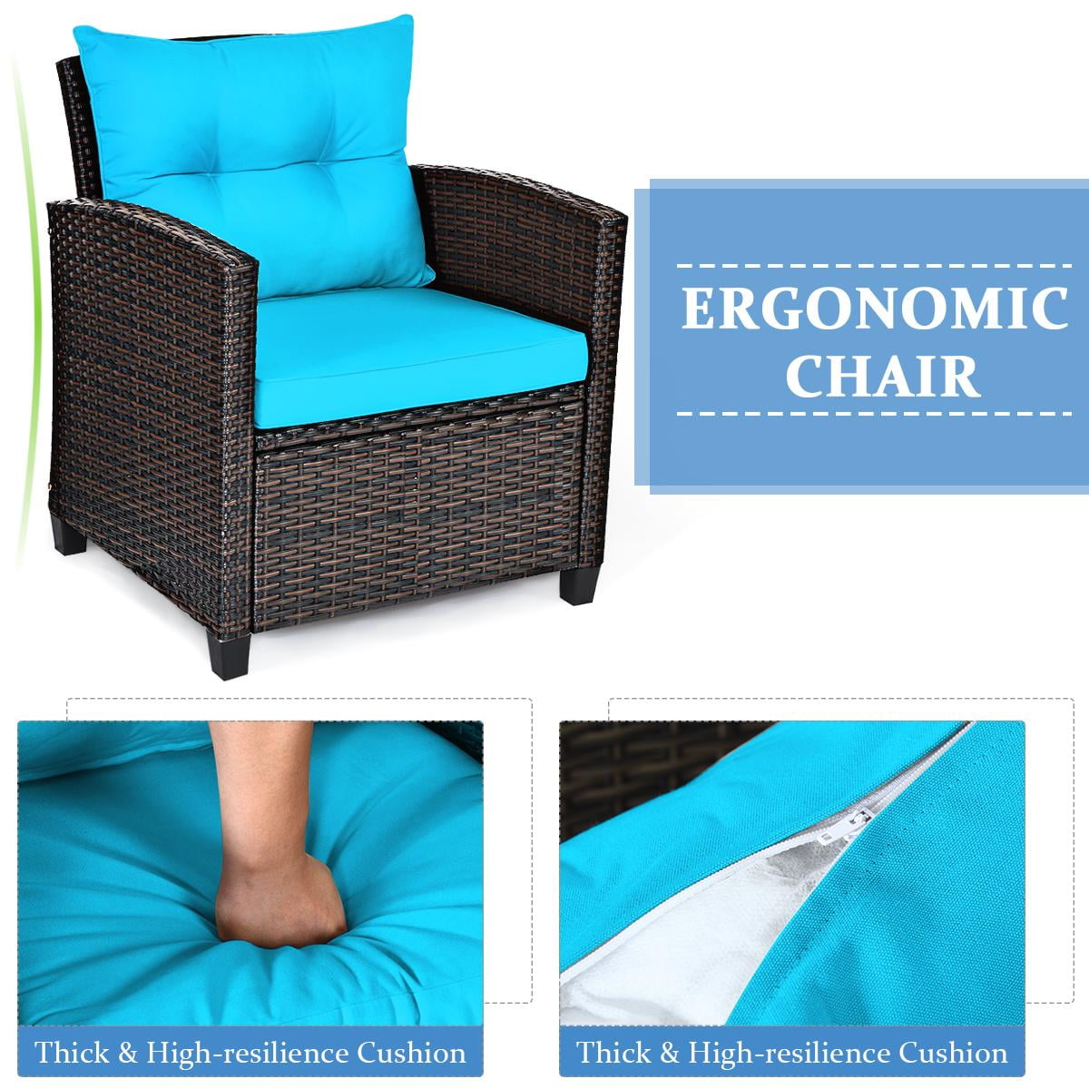 Giantex 3 Pieces Patio Furniture Set, PE Rattan Wicker 3 Pcs Outdoor Sofa Set w/Washable Cushion and Tempered Glass Tabletop, Conversation Furniture for Garden Poolside Balcony (Turquosize)
