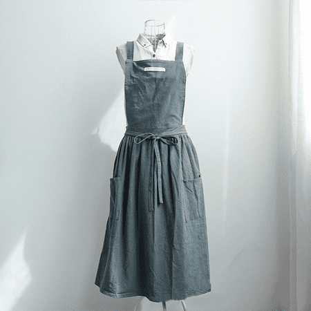 

QIFEI 1Pc Cotton and linen Kitchen Cooking Aprons Dress for Women with Pockets Cute for Baking Painting Gardening Cleaning Dark Grey