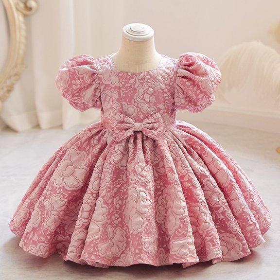 Girl's Dresses Flower Party Puff Sleeve Pageant Bowknot Kids Clothes