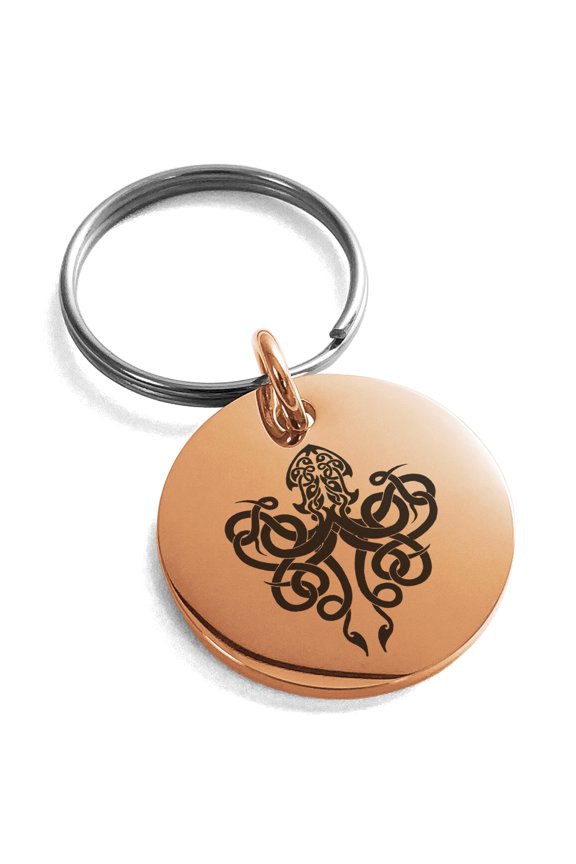 Stainless Steel Tribal Kraken Engraved Small Medallion Circle Charm Keychain Keyring