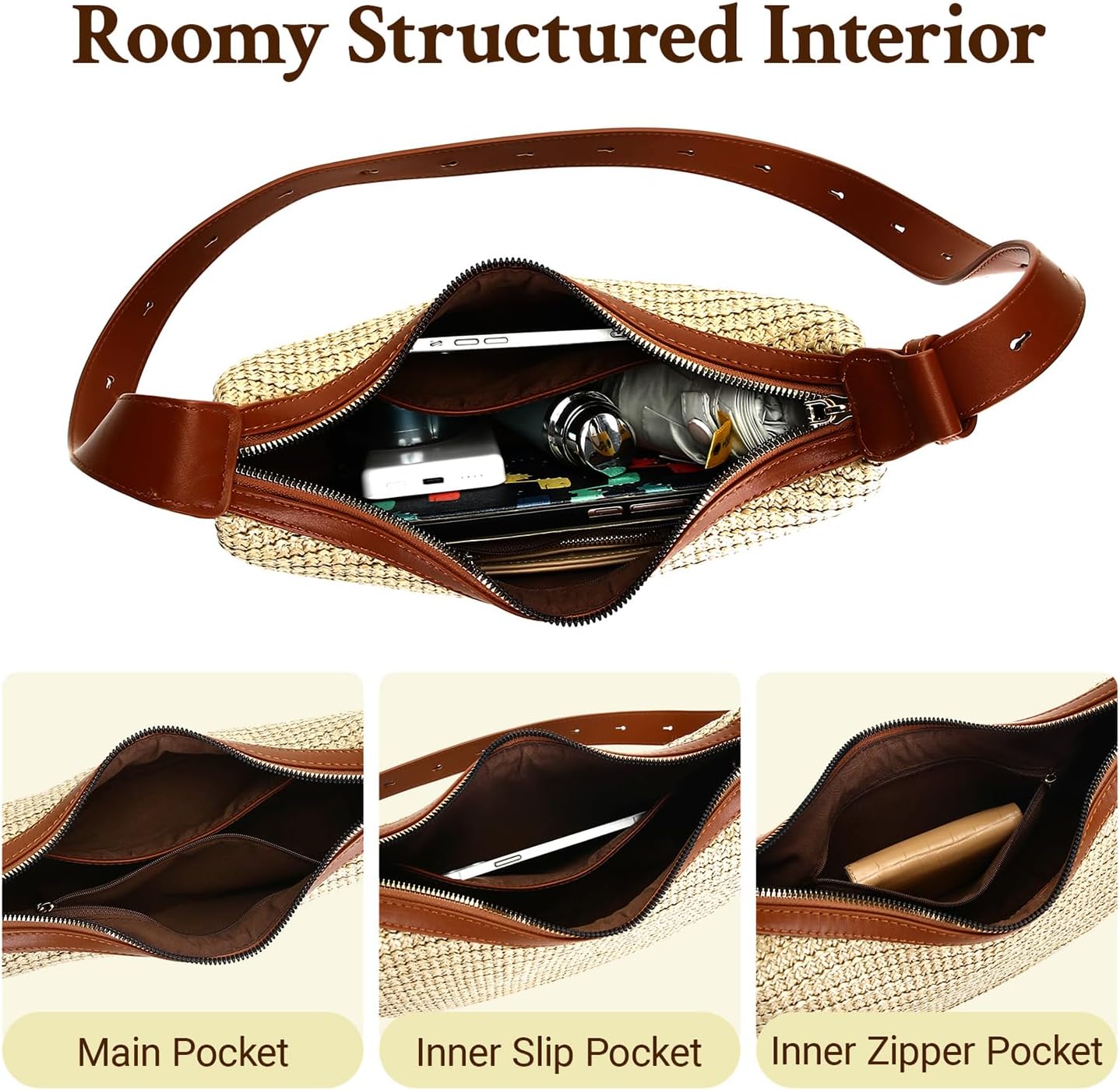 CAILDANL Straw Crossbody Bag for Women Beach Woven Hobo Handbag Summer Chic Crescent Shoulder Purses with Adjustable Strap