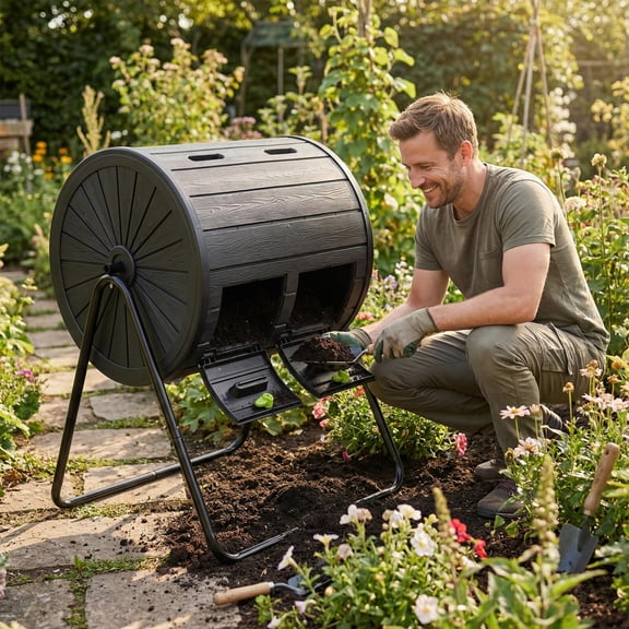Dual Chamber Compost Tumbler 37.5 Gallon Outdoor Rotating Composter Bin with Lockable Doors Black