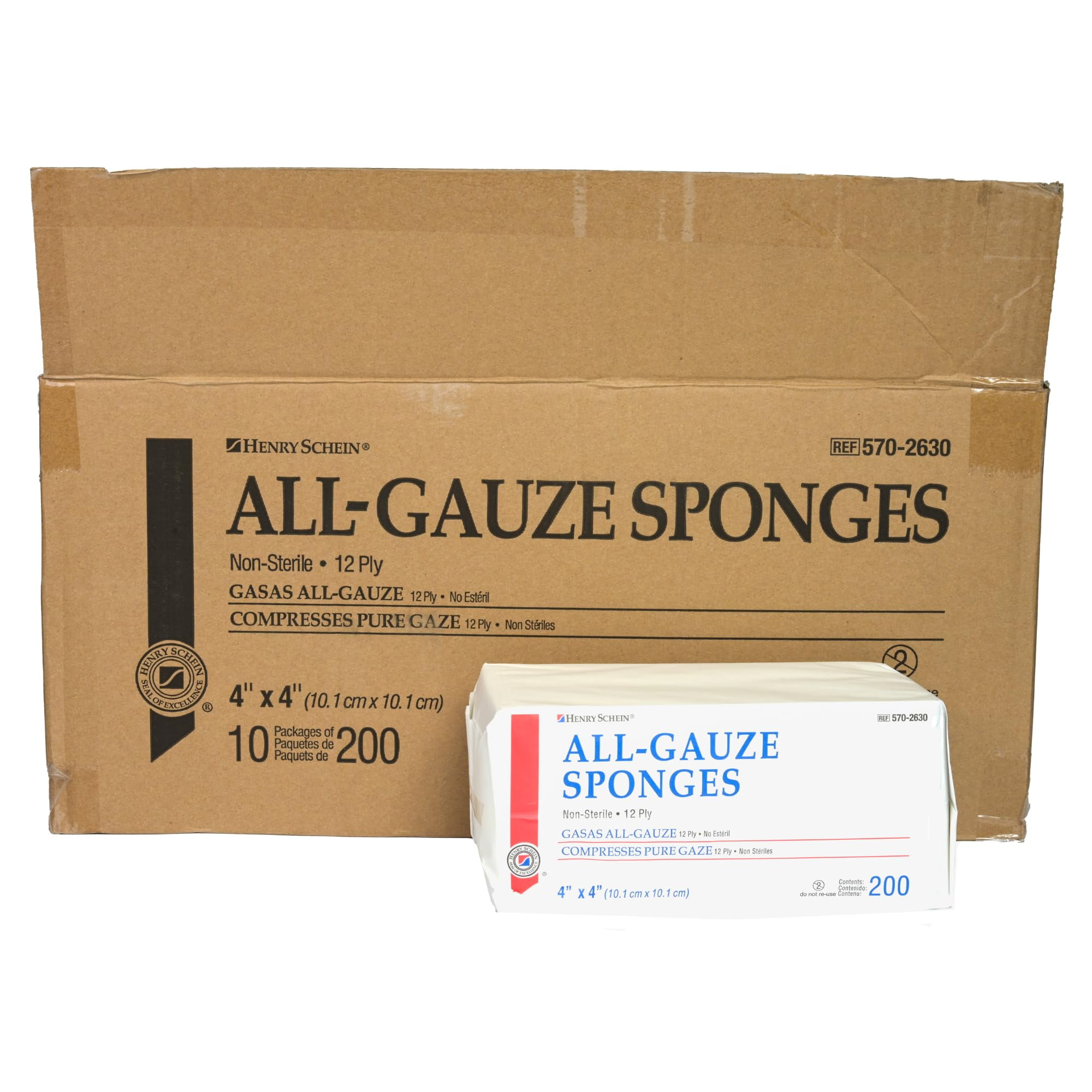 Henry Schein 200/Pack Non-Sterile Gauze Pads 4’’ x 4’’ for Wound Dressing Gauze Sponge-Pads for Wound Care - 12-Ply - 100% Cotton & Highly Absorbent - 10 Packs (200/Pack)