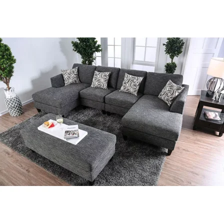 Sectional W Ottoman Contemporary Gray Color Chenille Upholstered 5pc Sectional Living Room Set Left and Right Chaise Chairs