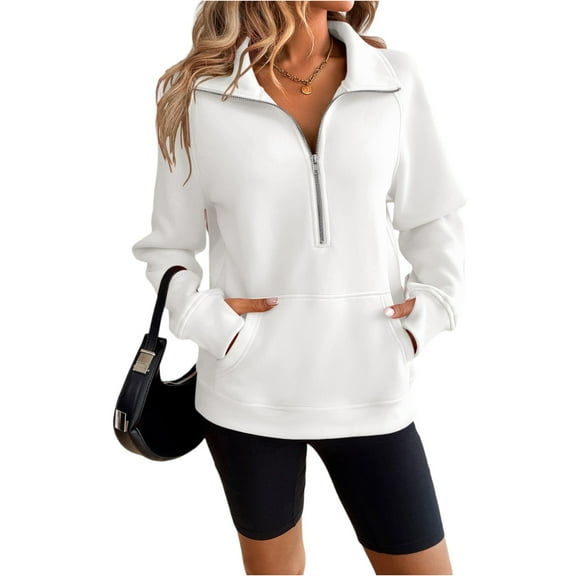 Stichou Half Zip Pullover Women Fleece Thumbhole Tunic Sweatshirts No Hood Fall Fashion Casual Cozy Sweaters with Pocket White M
