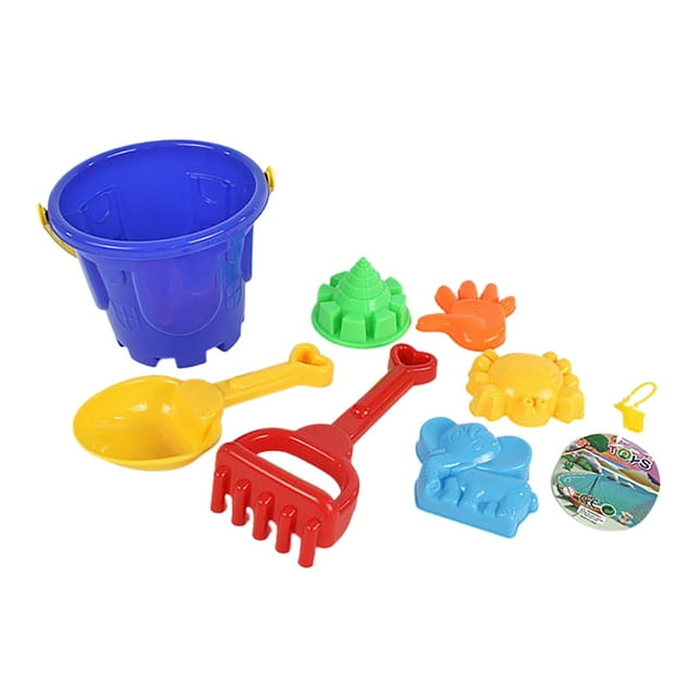 Hearth & Gear Grand Seau de Plage Ensemble de 7 Pcs avec Outils Pelle Râteau Été Eau Plage Jouets de Jeu Outils d'Eau Jouets pour Enfants Table à Sable pour Tout-Petits 1-3 Enfants Roue Baril et Pelle Grand Extérieur