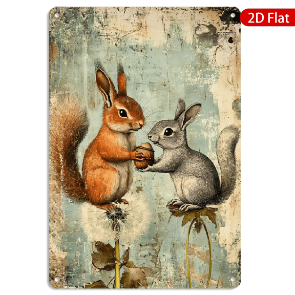 8x12 Inch Metal Wall Art, Squirrels Sharing Acorn on Dandelion Illustration Rustic Vintage Decor 1pc for Home Living Room Wall Decoration