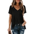 thumbnail image 1 of Nouveau T-Shirt Décontracté à Manches Courtes Col en V pour Femmes Blouse Unie avec Poche, 1 of 4