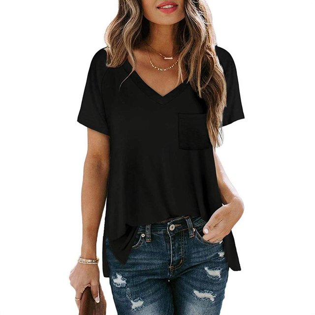 Nouveau T-Shirt Décontracté à Manches Courtes Col en V pour Femmes Blouse Unie avec Poche