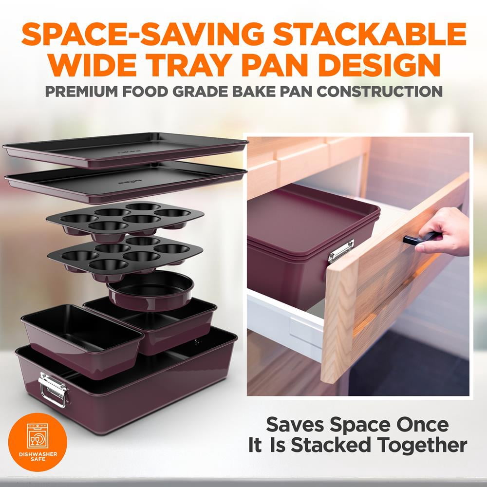 NutriChef 8-Piece Nonstick Stackable Bakeware Set W/ Non-Stick Coating, Brown