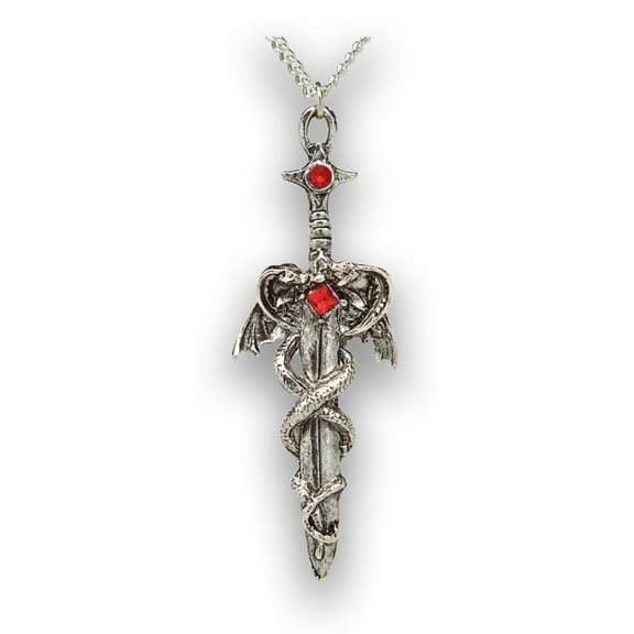 Dragons Wrapped Around Sword Medieval Renaissance Silver Finish Pendant Necklace by Real Metal NK-414