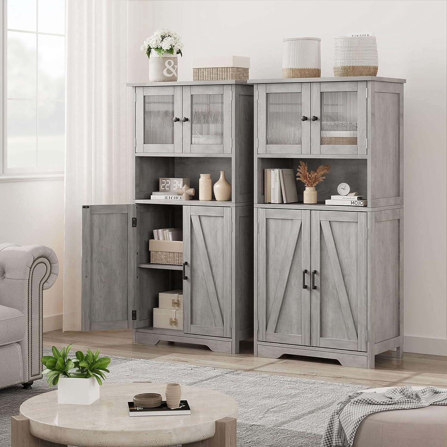 HOSSLLY Double Bathroom Storage Cabinet, Floor White Wooden Linen Cabinet with Shelves and Glass Doors, Kitchen Cupboard, Grey