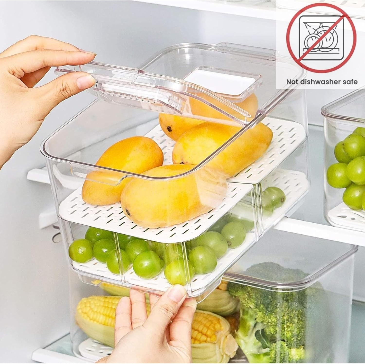 Extra Large Fruit Vegetable Storage Container with Folding Lids, 3 Pack Produce Saver with Vents Stackable Fridge Organizer Salad Lettuce Keeper For Refrigerator, 9L&5.7L&2.8L