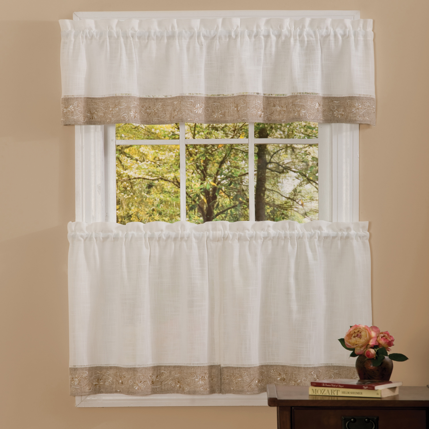 Oakwood Linen Style Kitchen Window Curtain 36" Tiers & Valance Set ...