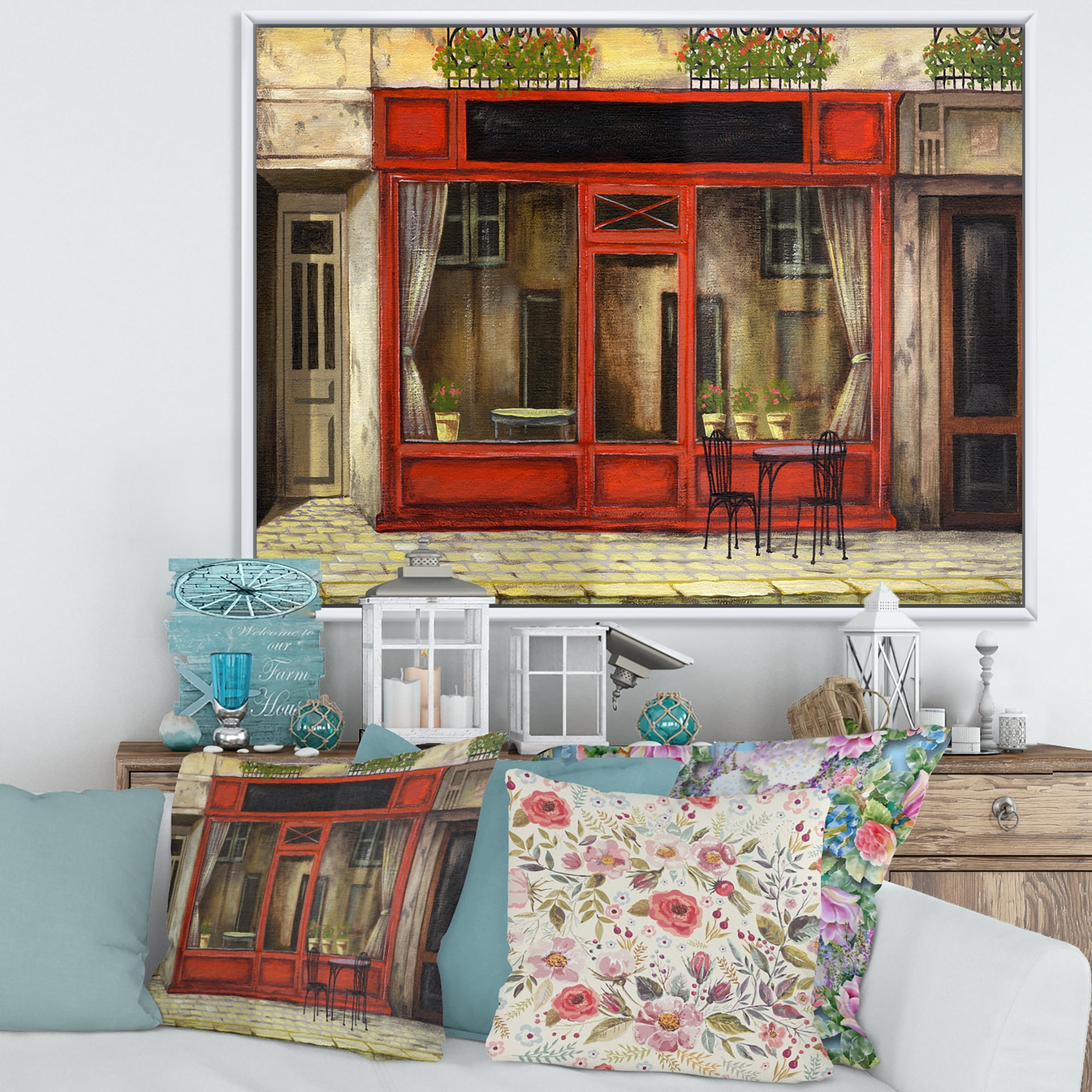 Designart 'Red Facade of Charming Shop In Paris Street I' French Country Framed Canvas Wall Art Print