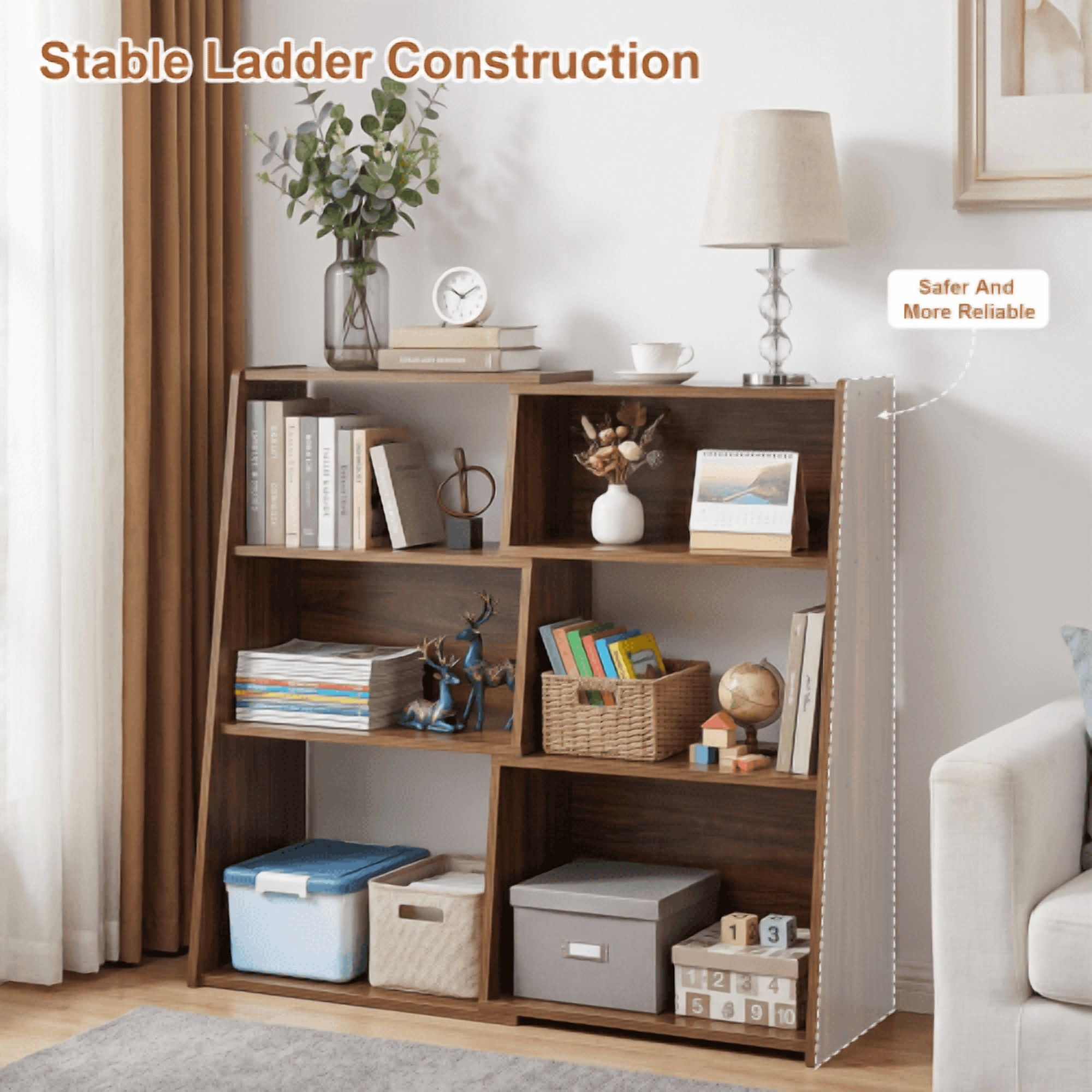 3-in-1 Convertible Extendable Ladder Bookshelf, 3-Tier Walnut Wood Bookcase with 6 Open Cubbies, Space-Saving Corner Shelf for Living Room, Study, Bedroom