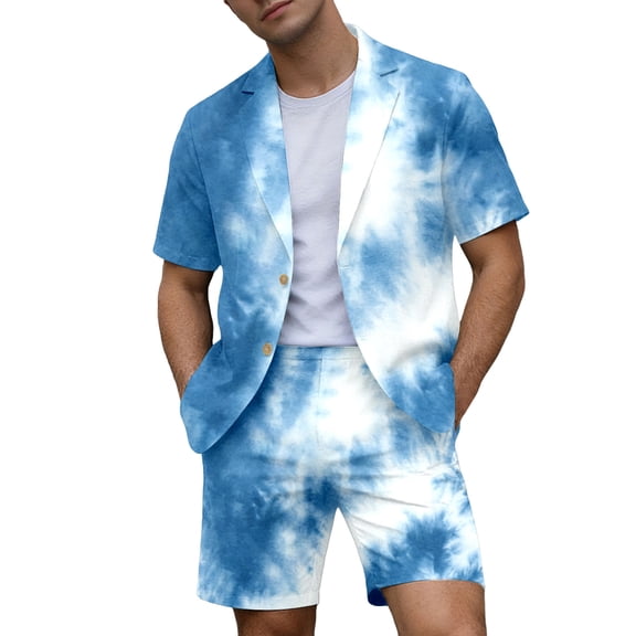 IWRICH Men's Short Sleeve Suit Sets Tie-Dye Formal Blazer Jacket and Shorts Wedding Party Business Casual Attire 10-Blue XL
