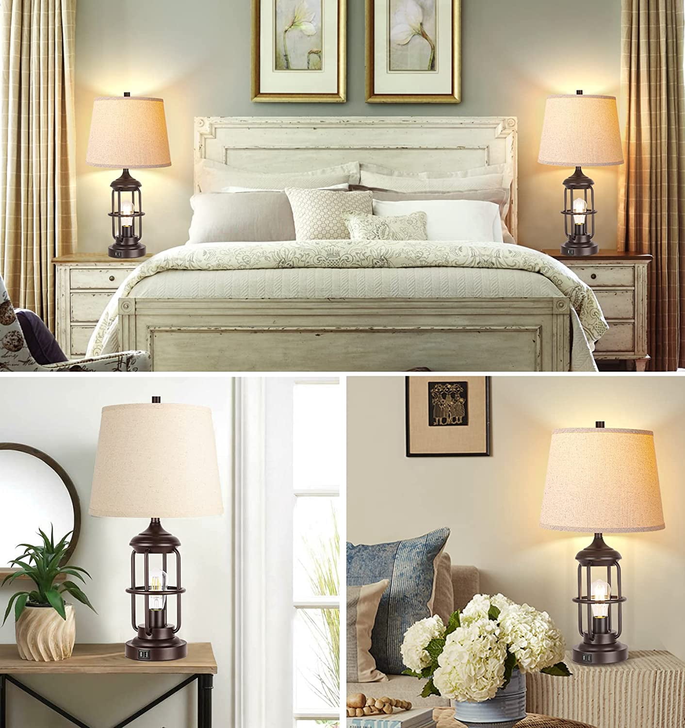 Partphoner Farmhouse Rustic Nightstand Lamp Set of 2 with USB Ports, Touch Control 3-Way Dimmable