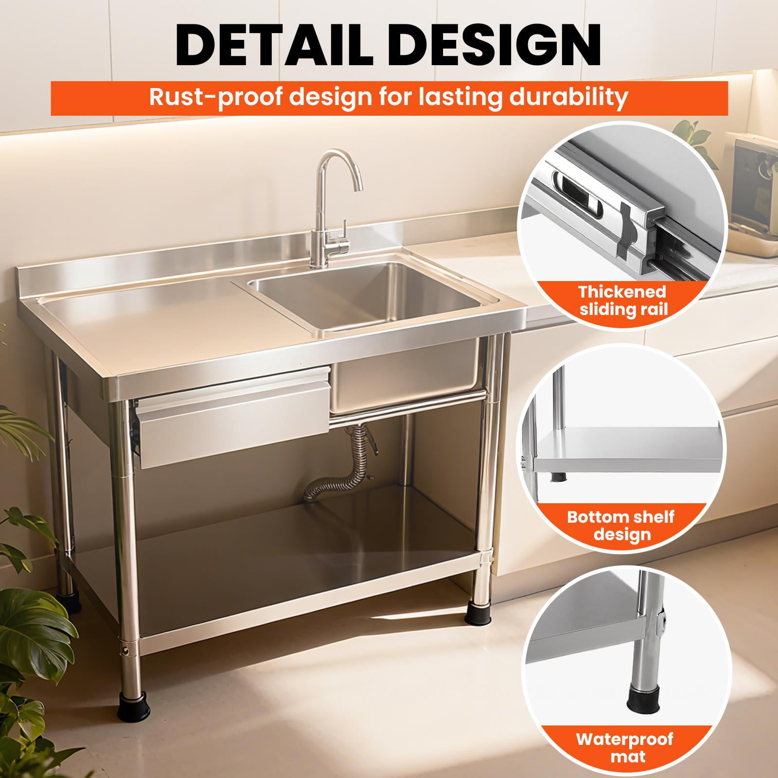 Stainless Steel Commercial Utility Sink with Drawer & Cold and Hot Water Pipe, Outdoor Freestanding Kitchen Sink, Freestanding Utility Sink , 40 Inch for Garage & Restaurant