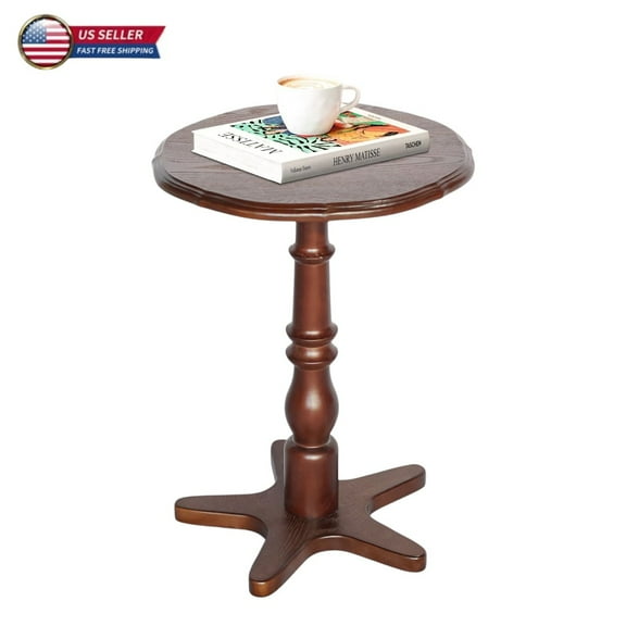 GZXS 15.75" Round Wooden Pedestal Side Table, Compact Vintage Accent Table for Living Room or Bedroom, Easy Assembly, Walnut Brown Finish