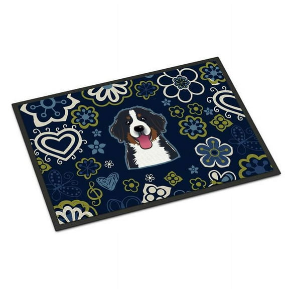 18 x 27 in. Blue Flowers Bernese Mountain Dog Indoor or Outdoor Mat