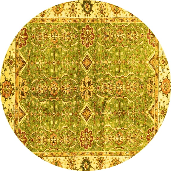 Ahgly Company Machine Washable Indoor Round Oriental Yellow Traditional Area Rugs, 5' Round