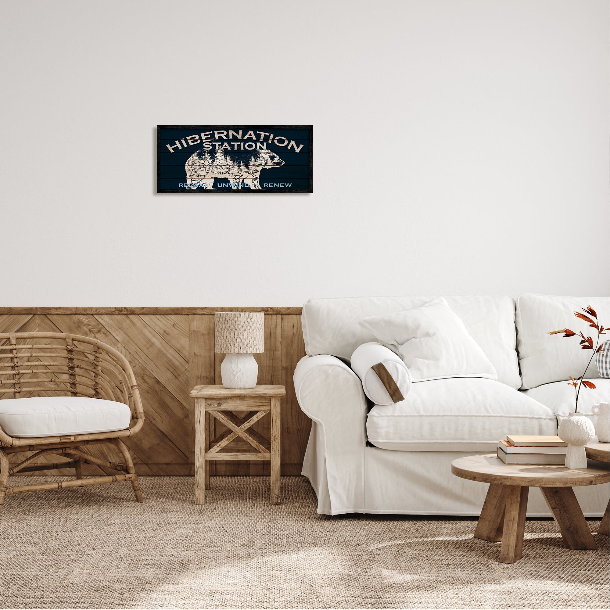 Stupell Industries Hibernation Station Sign Wilderness Bear Trees Silhouette Framed Wall Art, 24 x 10, Design by Kim Allen