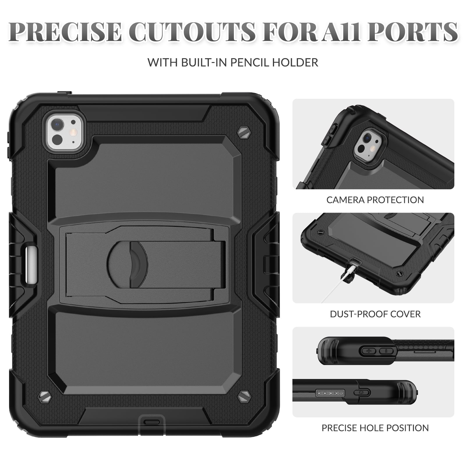 Rugged Case For Apple iPad Pro 11 (2024) – 3-Layer Protection Shockproof Stand Cover with Screen Protector, Adjustable Stand, Shoulder Strap, & Pencil Holder -- Black