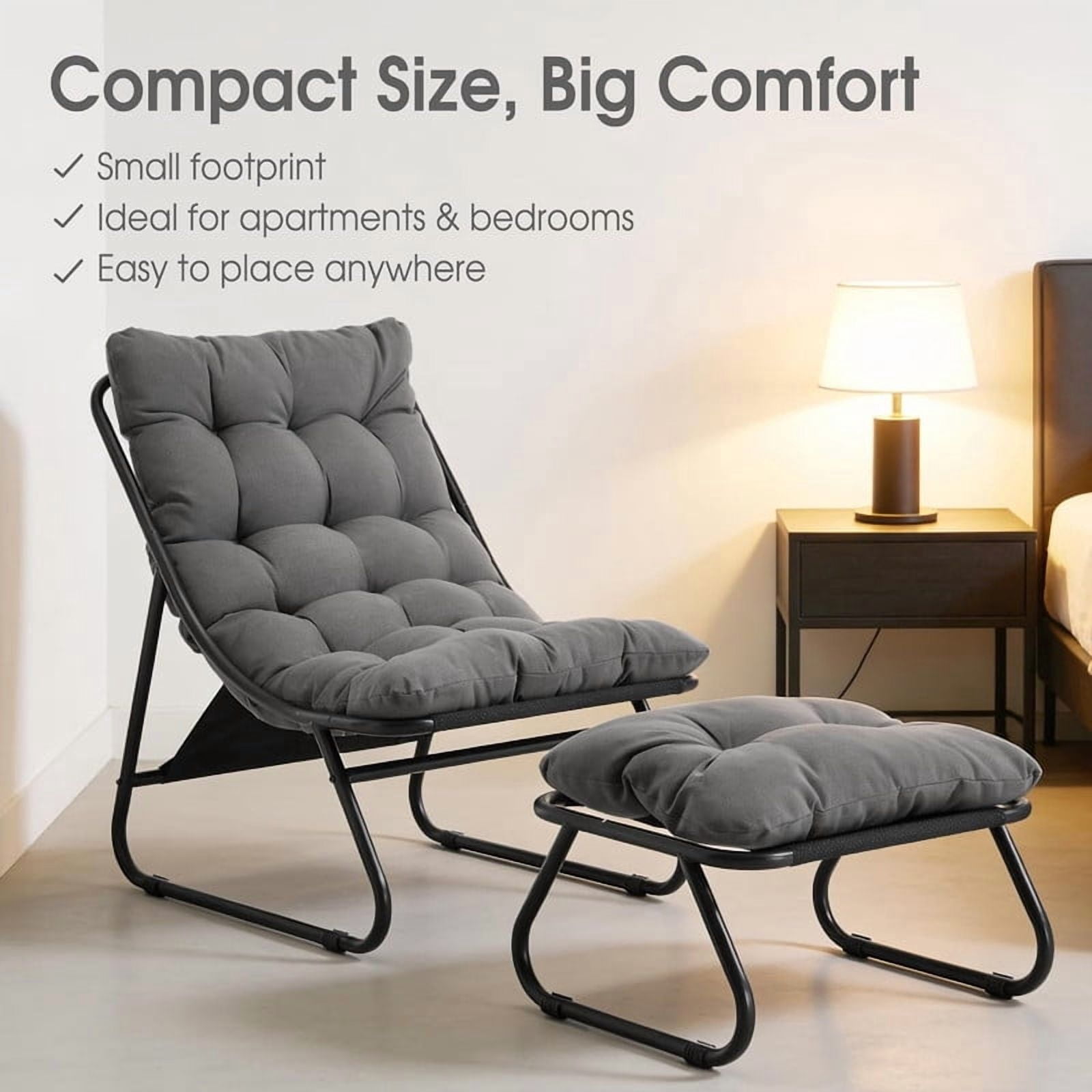 Modern Patio Lounge Chair with Ottoman, Comfy Sling Recliner Chair with Puffy Cushion and Foot Stool for Indoor Outdoor Living Room