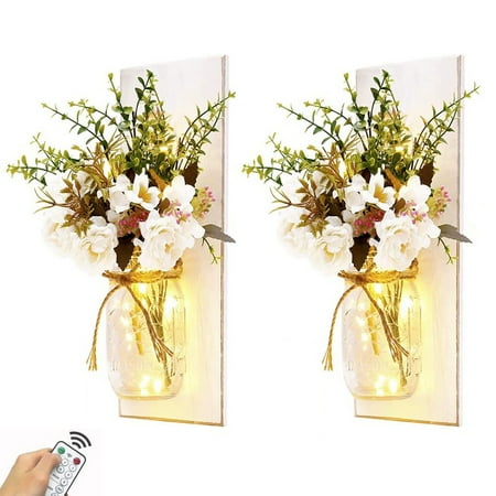 

Rustic Grey Mason Jar Sconces for Home Decor Decorative Chic Hanging Wall Decor Mason Jars with LED Strip Lights Silk Hydrangea Iron Hooks for Home & Kitchen Decorations